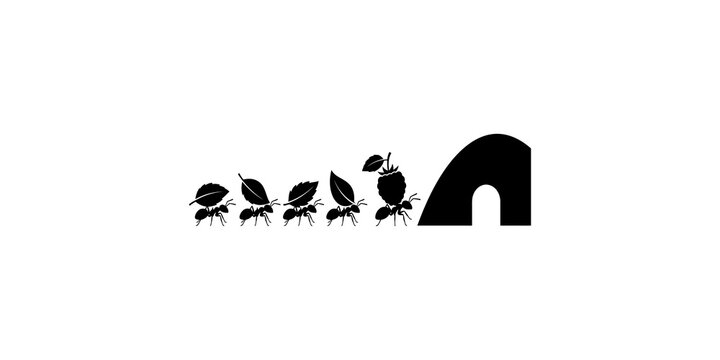 Line of worker ants carrying leaves and berries toward an underground colony entrance for nature educational graphic.