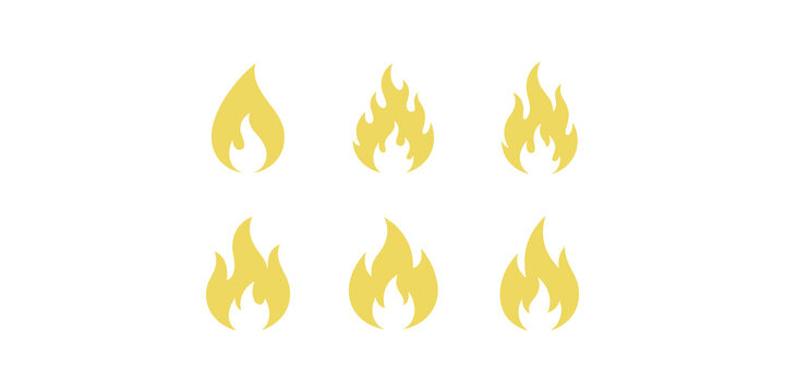 Six yellow fire flame icons in flat design for energy power heat warning hazard and creative visual infographics.