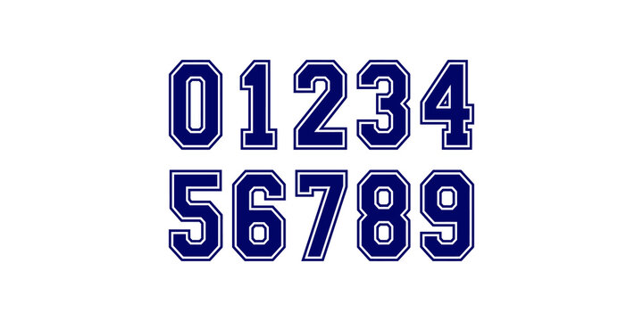 Set of blue athletic collegiate style numbers from zero to nine for sports jerseys and custom graphic designs.