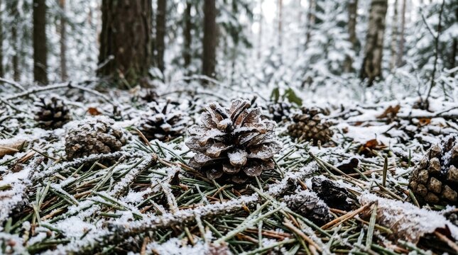 A brown pine cone sits on the snowy forest floor during the cold winter.