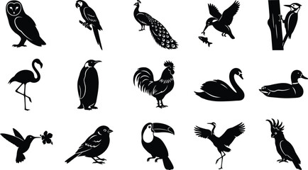 Fototapeta premium Detailed collection of black bird featuring owls, parrots, peacocks, and flamingos isolated on a white background for