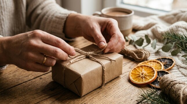 A person ties a piece of string around a small wrapped gift box.