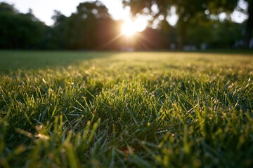 Naklejka premium The Grass Field at Sunrise: Warm Light, Dewy Blades, and Tranquil Horizon