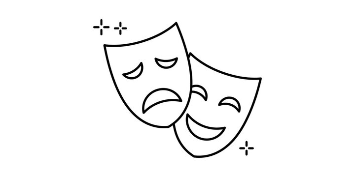 Theater masks icon showing comedy and tragedy expressions for performing arts drama and entertainment use.