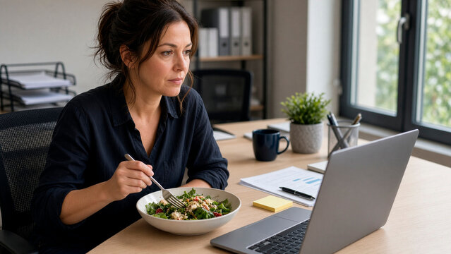 Professional Woman Eating Healthy Lunch While Working on Laptop at Home