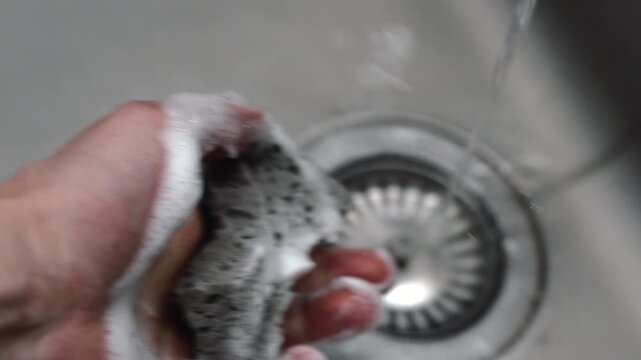 A soapy dish sponge in a man's hands.
Water drips from a soapy gray dish sponge.