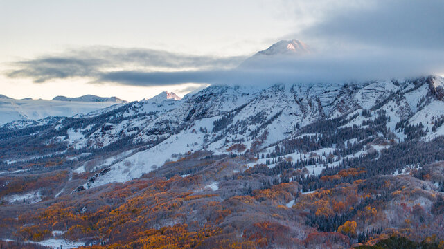 Aerial view of Marcellina Mountain and Ruby range covered in snow above autumn aspen trees in the Gunnison National Forest near Crested Butte, Colorado, United States.
