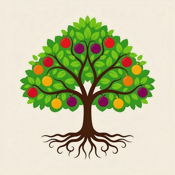 Stylized fruit tree with colorful fruits and visible roots vector