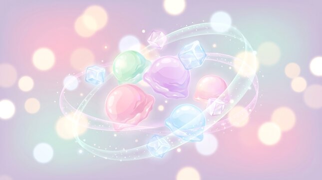 Vibrant ice cream scoops and ice cubes on transparent orbital ring, dreamy pink purple gradient background with soft bokeh light.