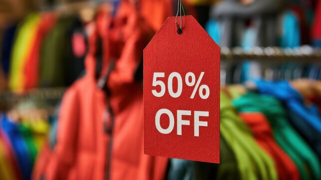 Bright red 50 percent off discount tag hanging in front of colorful winter coat rack in retail store for seasonal sale promotion