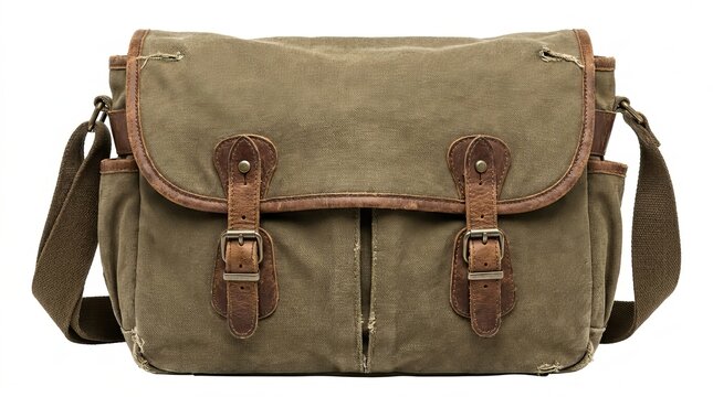 Vintage olive canvas messenger bag with leather straps and buckles on white background