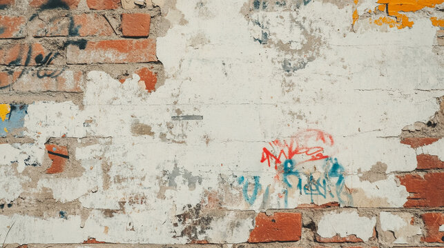 Distressed White Wheatpaste and Graffiti Brick Wall