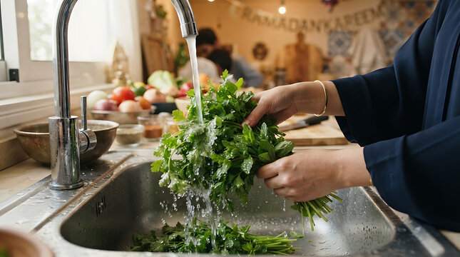 Muslim woman washing fresh green parsley in kitchen sink for Ramadan dinner preparation