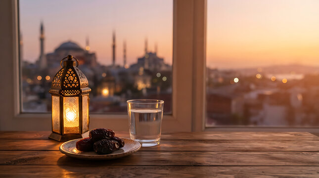 Ramadan Iftar meal with dates and water on a wooden table overlooking a mosque at sunset