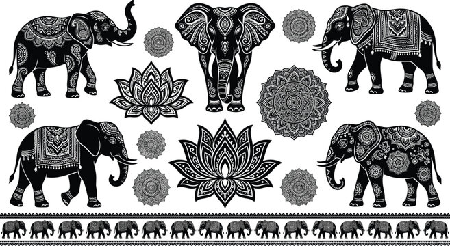 Elephant Illustrations with Mandala Patterns, Lotus Flowers Featuring Tribal
