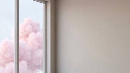 Fototapeta premium Pink clouds visible through a window next to a plain wall