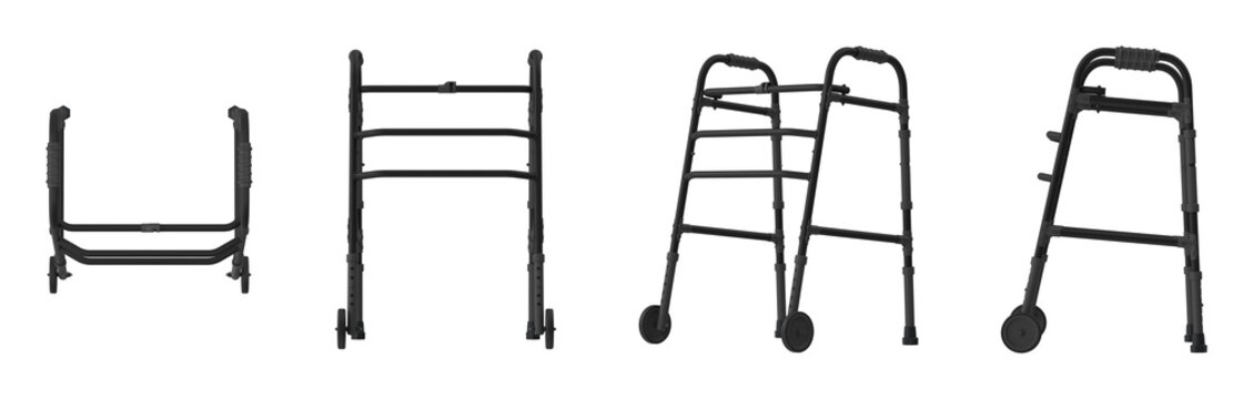 Set of four views of a black medical mobility walker isolated on a clean white background