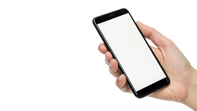Human hand holding smartphone with blank white screen isolated on transparent background