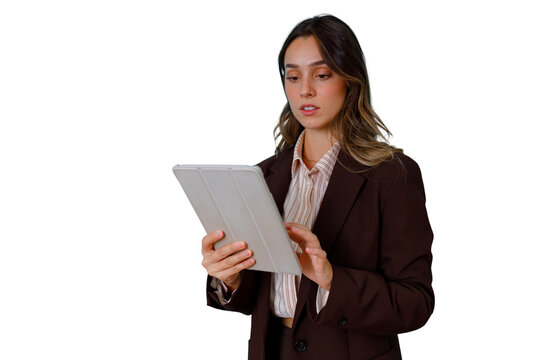 Professional woman in a blazer working on a digital tablet, managing business tasks, innovation and technology, transparent background