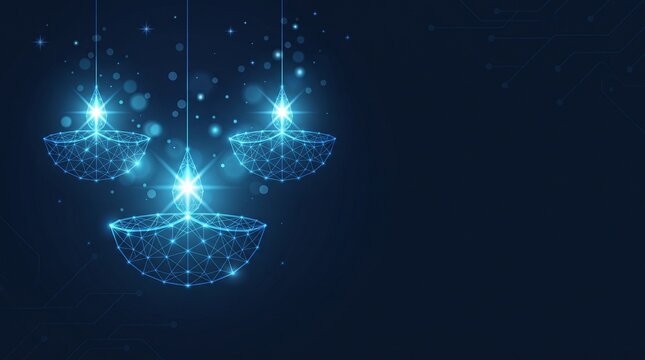 Glowing digital diya lamps hanging against a dark blue futuristic technology background illustration