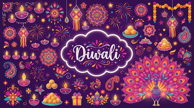 Vibrant diwali vector set featuring colorful rangoli lamps sweets fireworks and peacock elements