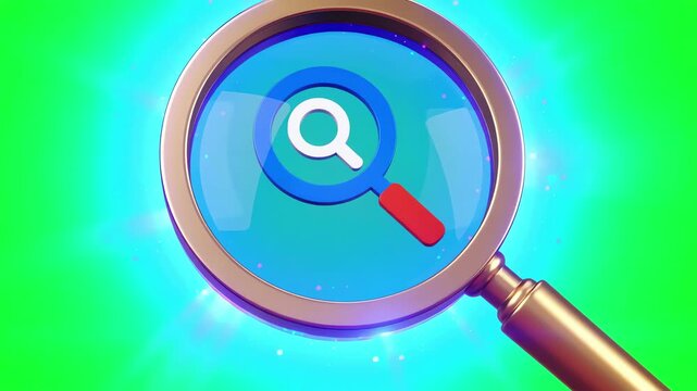 3D magnifying glass search icon floating and pulsing with a subtle glow on a bright green screen background for easy chroma keying
