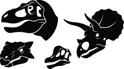 Dinosaur skull vector silhouettes, monochrome pre-historic reptile heads featuring t-rex and triceratops for educational design © Tayeb