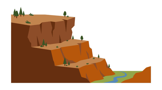 Minimalist vector illustration of brown desert cliffs and river.