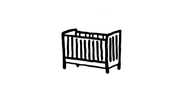 Baby Crib For Infant Sleep And Nursery Care Doodle Animation. Cot Bed And Newborn Furniture. 4K Video Loopable Overlay Element. Hand-Drawn Animated Icon With Alpha Channel.