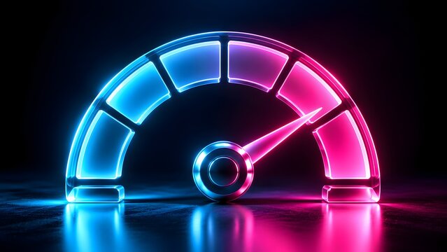 Neon glowing futuristic speedometer dashboard indicating high speed performance and maximum power optimization on dark reflective background.