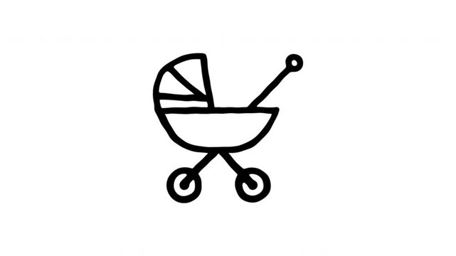 Baby Stroller For Infant Transport And Parenting Hand Drawn Doodle Animation. Pram And Newborn Care. Childcare Symbol For Family Content. 4K Loop With Alpha Channel.