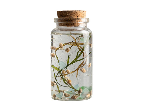 Clear glass jar with cork stopper containing sea glass shells and underwater plants isolated on transparent background
