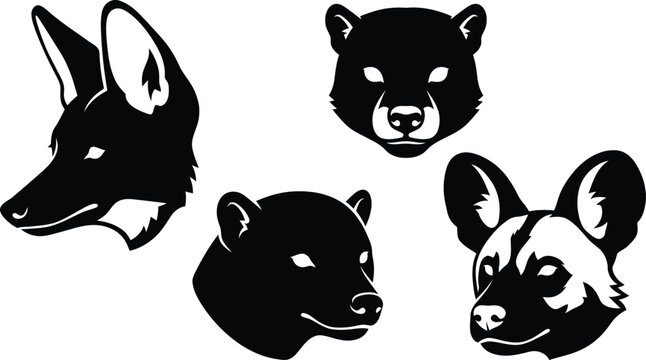 Wild canid animal head silhouettes vector illustration featuring fennec fox, honey badger, dhole, and African wild dog for wildlife projects