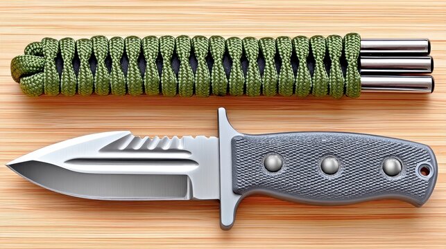 Gray Tactical Knife with Serrated Blade and Green Paracord Wrapped Multi tool on Wood