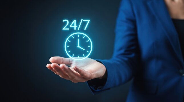 Person holding glowing clock icon representing 247 availability and support