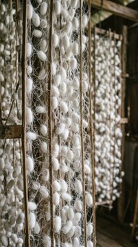 White silkworm cocoons on traditional wooden racks in a rustic sericulture workshop