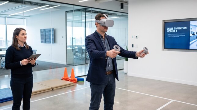 Man using VR headset for professional skills training simulation