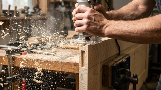 Carpenter using electric router tool on wood with sawdust chips flying in a professional studio workshop room.