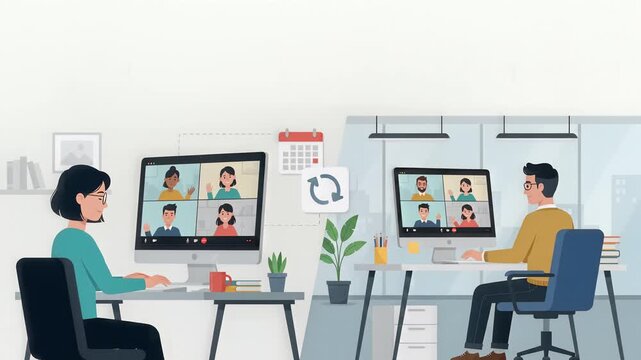 People Working on Computers in Modern Office Video Conference Illustration