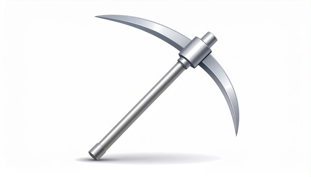 Shiny silver pickaxe with a sharp blade and a sturdy handle, isolated on a white background