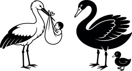 Fototapeta premium Stork delivering newborn baby in bundle and swan with cygnet duckling vector silhouette set black isolated