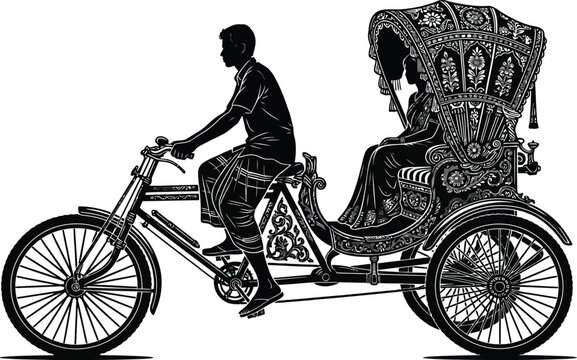 Vintage rickshaw bicycle cart silhouette vector illustration