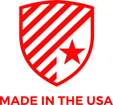 Red shield icon with diagonal stripes and a five-pointed star, featuring the text made in the usa at the bottom on a white background isolated on a transparent background