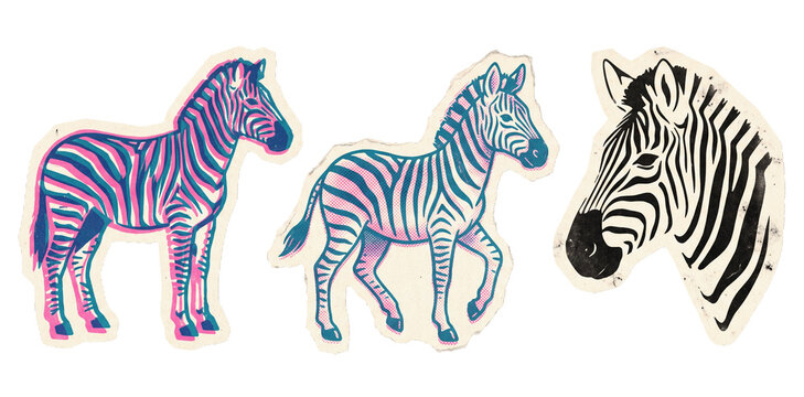 Set of vintage zebra cutout old print illustrations, featuring classic and colorful animal designs for creative projects