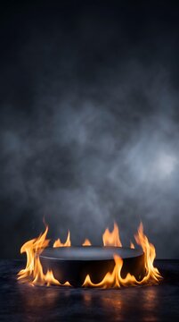 Dark empty pedestal surrounded by burning fire and smoke