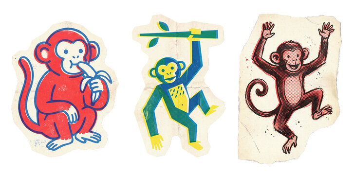 Three unique monkey cutout illustrations designed as retro-style old print stickers with a playful and vintage aesthetic