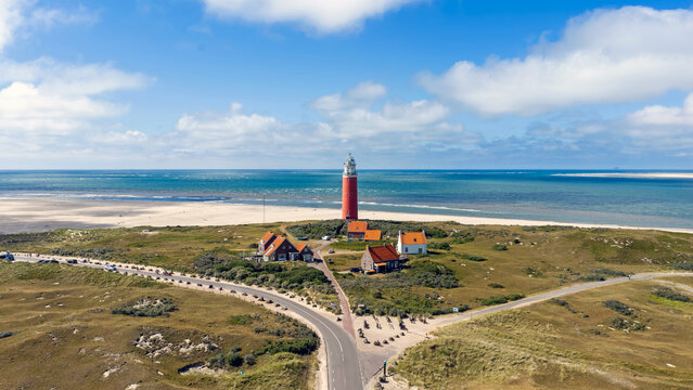 Aerial view of a lighthouse on a Dutch island in Europe