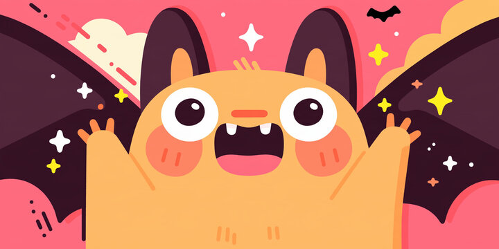 Cute Halloween Bat with Big Eyes &ndash; Happy Flying Bat Character Illustration