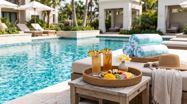 Luxury poolside breakfast with tropical drinks and a serene resort setting