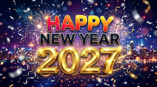 Festive happy new year 2027 celebration with sparkling lights and city skyline